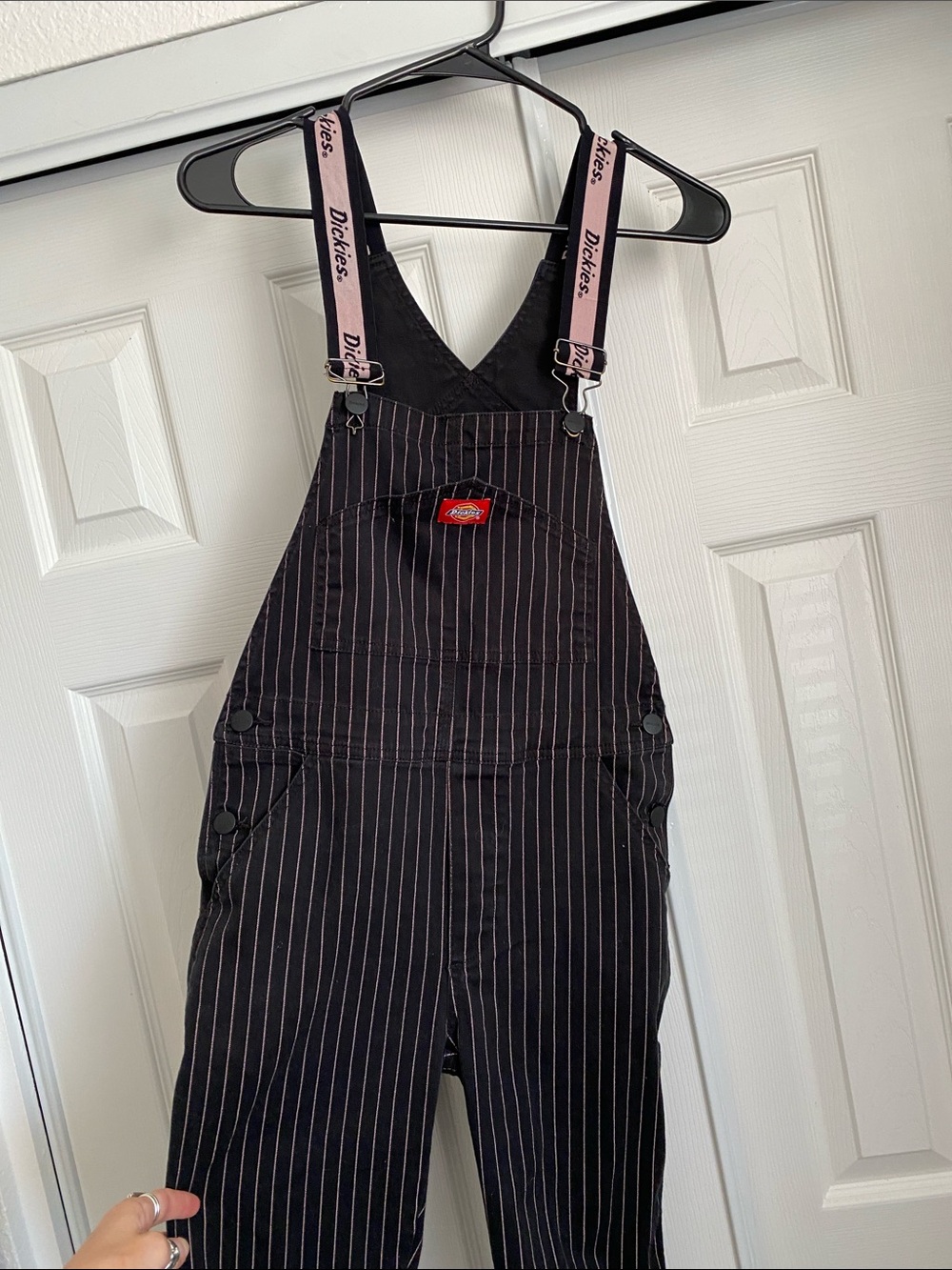 💕 Dickies Black Pinstripe Overalls with Pink Logo Stretchy Straps size XS